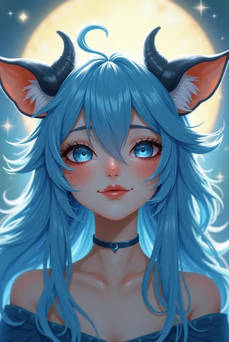 Long Hair, blue eyes, Animal ears, Blue Hair/Light blue hair, Earrings, Beast Horns, Pointy Ears, happiness/joy, Beast Horns, accessories, Sparkle Effect, Ukiyo-e, 