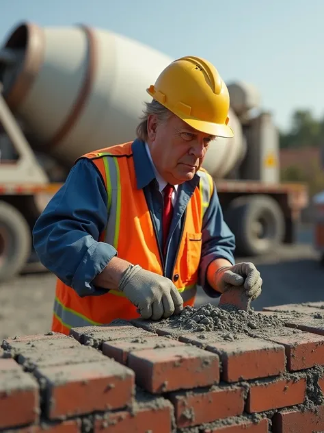 Imagine Donald Trump dressed as a construction worker, complete with a hard hat and reflective vest. He is on a construction site, with a cement mixer in the background. Holding a trowel, he is pouring cement onto a row of bricks that are part of a wall un...