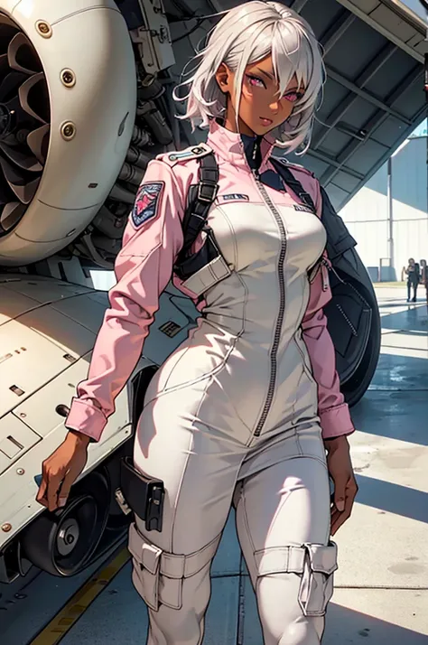 Girl, 20 years old, short white hair, pink eyes, (tanned), dark skin, (detailed eyes), (detailed lips), white and grey military uniform with pink accents , long skirt, military jacket, zips, (slender), (small breasts), slim, sci fi, solo (best quality) han...