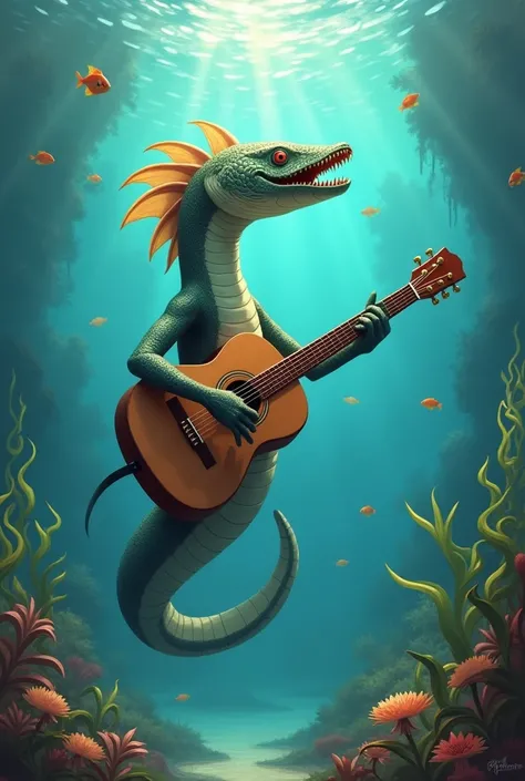 A baritosangu snakehead fish plays the guitar while in the water.