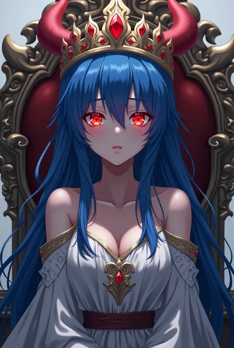 Close-up of Imu Sama (anime women with blue hairs), with hints of demonic features, sitting on a throne, his red eyes glowing. She has big long crown on her head. She is wearing desert folks dress