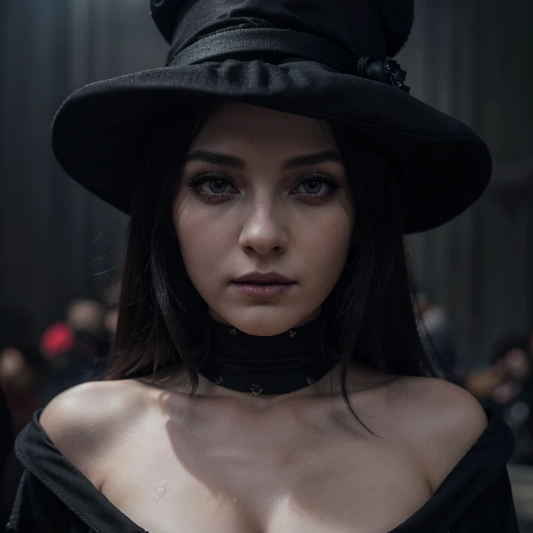 a woman in an anime style wearing a jesters hat and a long black coat, feeling uneasy and being watched by people, highly detailed, masterpiece, photorealistic, 8k, hyperrealistic, beautiful detailed eyes, beautiful detailed lips, extremely detailed face, ...