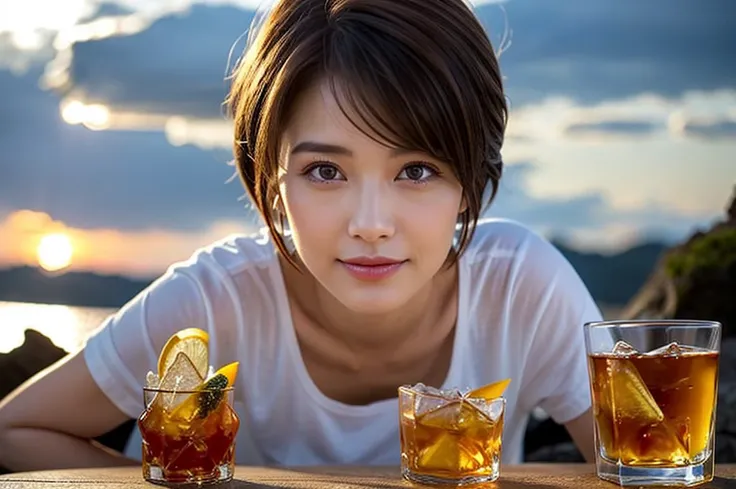 (Realistic, 超Realistic:1.4), 16K HDR, High resolution,blue、Brown short hair,The best smile、Japanese actress,so beautiful(It looks like the real thing),Short sleeve dress,Whiskey Bottle、The Macallan、Johnnie Walker、、Old Parr、whiskey、Suntory、Nikka、Slim couple...