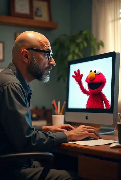 bald man, with a beard and glasses sitting in front of the computer while Elmo appears on the screen waving