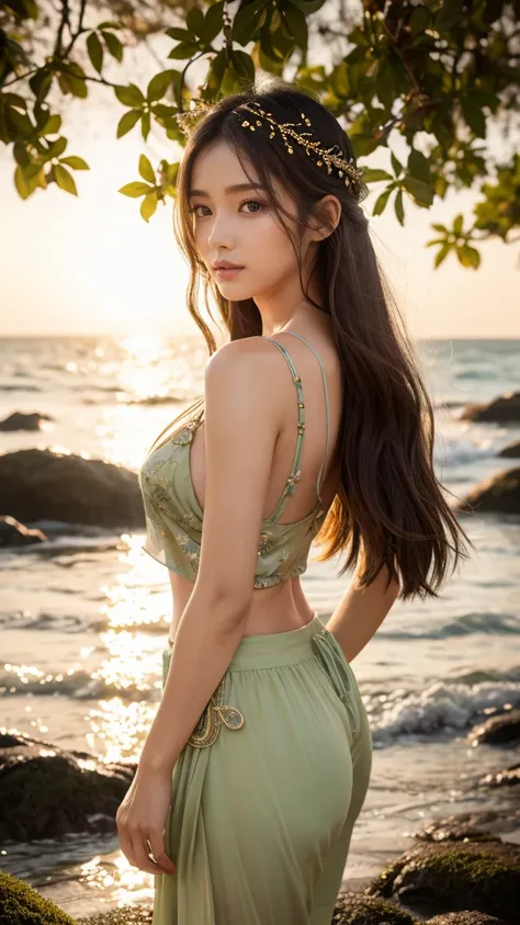 ア）Create an ultra-realistic 8K vertical image of a female Mandragora transformed into the ultimate spirit, retaining the Mandragoras core physical features. She embodies the beauty of a Japanese girl, her skin softly glowing with a natural, faint greenish ...