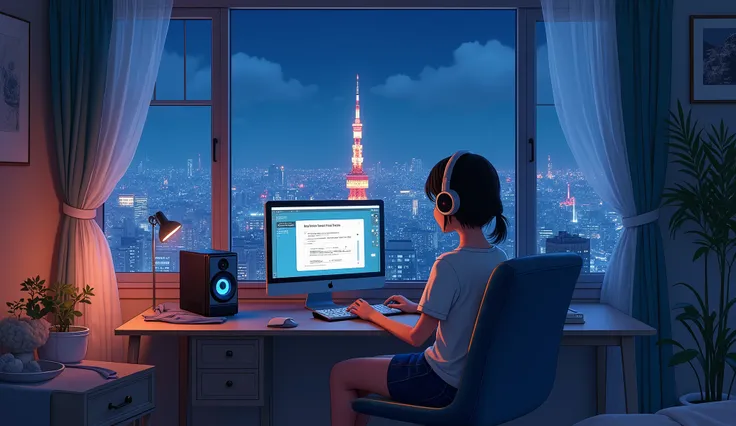 (from), Anime girl sitting in front of a computer in a cozy bedroom, A girl is listening to music while using a computer in a cozy room (night), Use headphones, Room with a view of Tokyo Tower, (beautiful night views from windows), various, 3D Anime Style,...