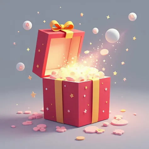 opened red gift box with a gold ribbon, lights come from the box, stickers, 1sticker，pastel colour, no gradient , funny, line art cartoon style, flat color, ((cartoon outline)), grey background, perspective view, low angle view, high resolution, 8k resolut...