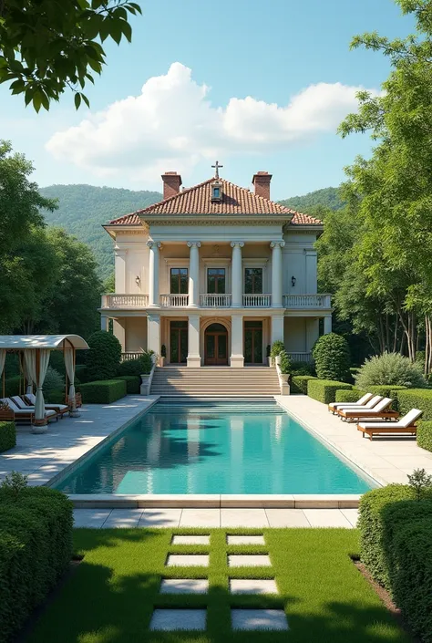 Grande villa avec grand balcon  en campagne avec un grand jardin avec pleins d arbres une grande piscine une grande balencoire en portrait 