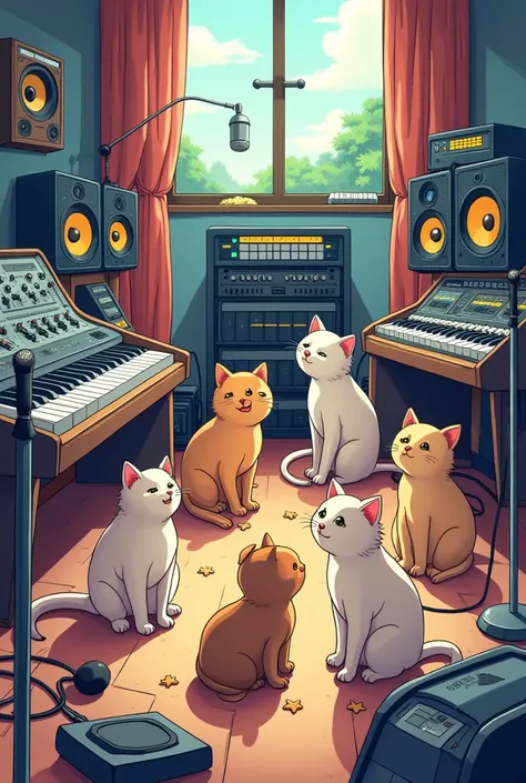 An image drawn with lines with anime style colors where pet animals are in a recording studio that the image is 1024 x 576 px