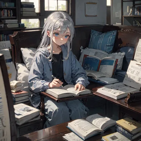 silver hair、blue eyes、、casual clothing、study、reading a book、high resolution, anatomically correct,