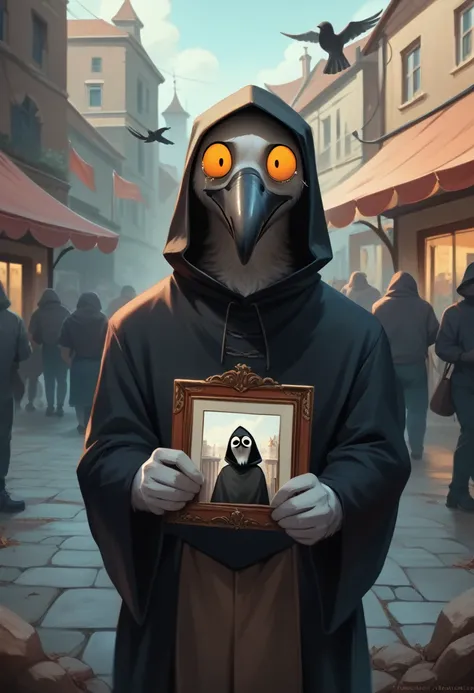 a crow with bright orange eyes, anatomically correct, male, furry, pretty tall and thin, outdoors in a medieval town on a stone street wearing plague doctor clothes, teary, sorrowful, crying, (best quality,4k,8k,highres,masterpiece:1.2),ultra-detailed,(rea...