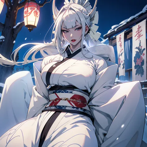 Yokai、Snow Woman、Center-parted white hair、Large Breasts、A pure white kimono that emphasizes her breasts、night、Snow-covered landscape、High resolution、masterpiece、Textured skin、high quality、Ultra high definition、Very detailed、woman、Perfect Style、