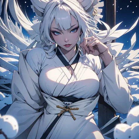 Yokai、Snow Woman、Center-parted white hair、Large Breasts、A pure white kimono that emphasizes her breasts、night、Snow-covered landscape、High resolution、masterpiece、Textured skin、high quality、Ultra high definition、Very detailed、woman、Perfect Style、