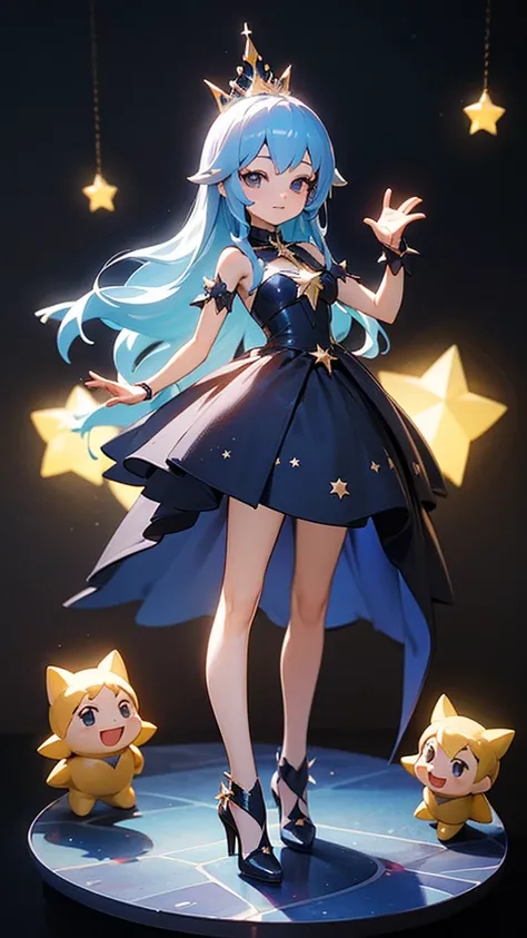 High resolution,Chibi character、Long Hair、Star-themed princess、Star Tiara、Star Dress、3D Rendering, Anime Style, Figure、Figureのような艶のある質感、Standing posture