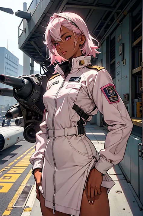 Girl, 20 years old, short white hair, pink eyes, (tanned), dark skin, (detailed eyes), (detailed lips), white and grey military uniform with pink accents , long skirt, military jacket, zips, (slender), (small breasts), slim, sci fi, solo (best quality), (m...