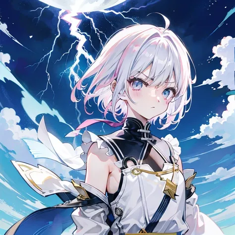 Dye your hair silver、Add the moon to the background、Add Pink、Cool clothes that show off your shoulders、Angry face、More lightning in the background、Strong Face、Change the gold to light blue、Shoulder out、太いlightningが何本も見える、Short Hair、lightning、There&#39;s a ...