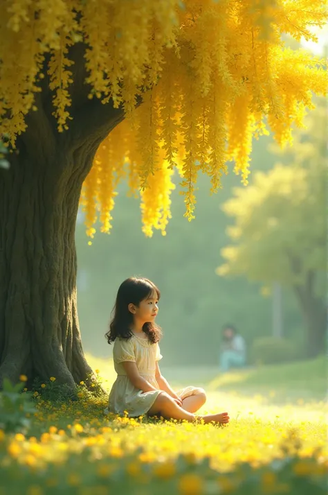 A girl sitting on the ground and near Amaltash tree standing with flowers 