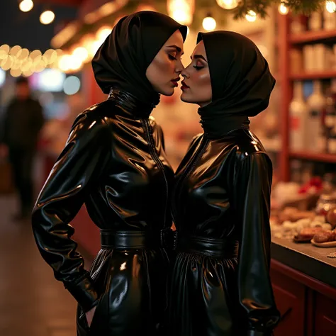 two passionated loving turkish women wear a glossy slick-lacquered latex-hijab and satin tight blouse-tunic with short latex skirt and lace pantyhose and glossy heels, two petite lewd women, aroused jezebel, wear a long sleeveless glossy satin blouse with ...