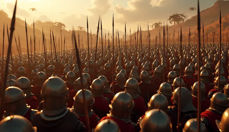 Phalanx Formation in Motion: A dramatic overhead view of Alexander’s tightly packed phalanx formation, with rows of soldiers holding their long spears outward in perfect coordination. As they advance, the battlefield around them is chaotic, but their lines...