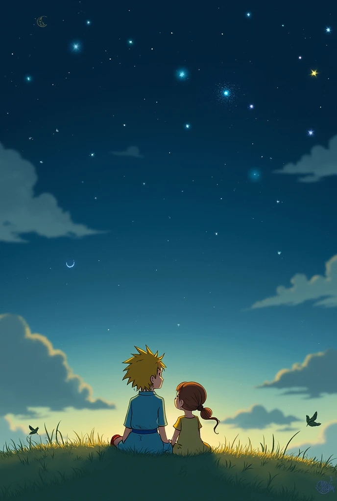 - Illustration: Little Prince and girl sitting on the grass looking at the night sky full of stars.
- Text: In the right corner, write "Author: Pobric Ilda" in a smaller font, also with some decorative elements like stars or the moon. 