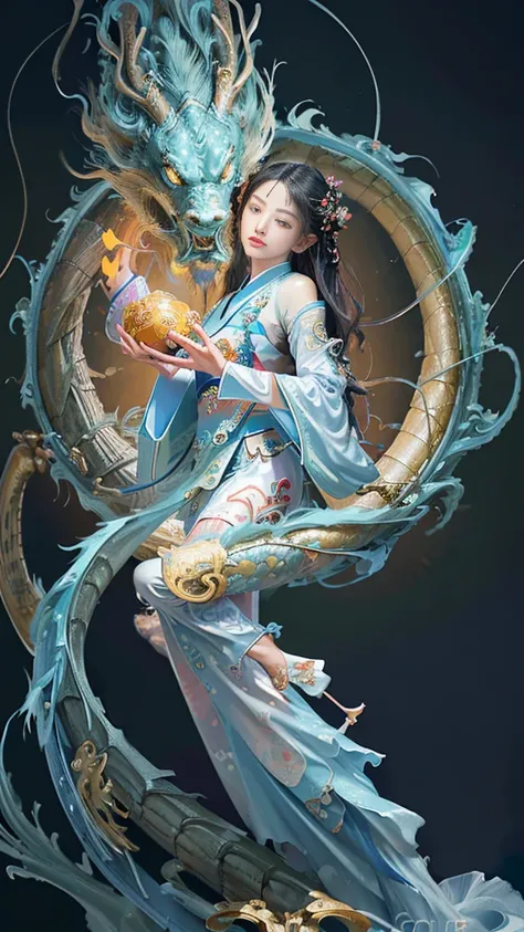 Zhong Fenghua, gorgeous hanfu, official art, Unity 8k wallpaper, super detailed, beautiful beauty, masterpiece, best quality, (tangled, tangled, tangled), (fractal art: 1.4), (character center: 1.3), 1 girl, dragon rape girl, dragon foot inserted into ass,...