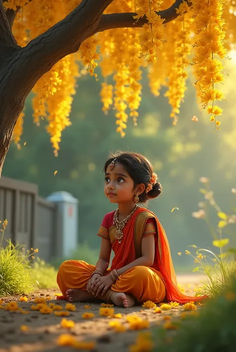 A Marathi girl sitting on the ground and near Amaltash tree standing with flowers 