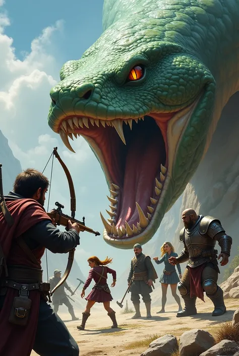 Make a 6 character RPG party fighting a giant snake I want a snake with an open mouth, almost swallowing a rogue, a birdman trying to save, a guy all in black looking, an old man injured, a blonde woman with an axe, a tank looking and a guy with a crossbow...