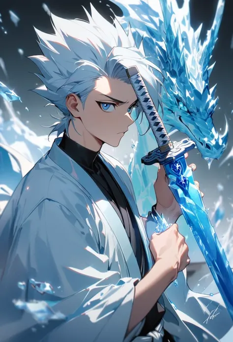 1boy, male focus,hitsugaya toushirou, bleach, haori,blue dragon,cool ice,frozen theme, holding sword with their hand,frozen swor...