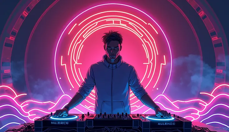 an electronic music DJ, in the background neon sound waves,neon energy, illustration