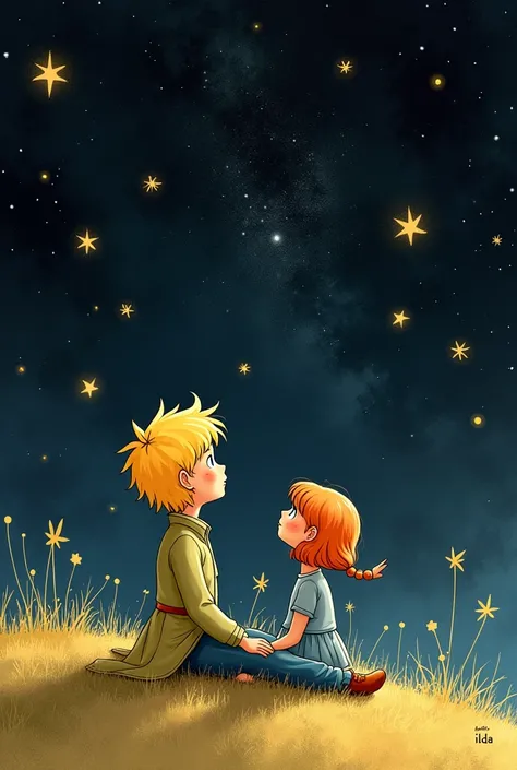 Illustration: The Little Prince and the girl sitting on the grass looking at the night sky full of stars.
- Text: In the right corner, write "Author: Pobric Ilda" in a smaller font, also with some decorative elements like stars or the moon. But it looks ni...