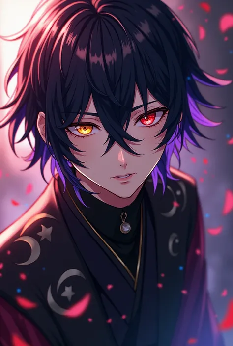 Hair Color: His hair is jet black with deep purple highlights, slightly longer in the back and cut neatly at the front. It carries the same otherworldly luster as Kokushibos, but without the sinister aura.
Eye Color: His left eye is a golden hue, identical...