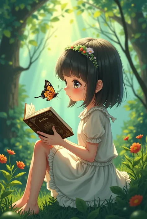 Girl with a butterfly on her nose, sitting in a forest reading a book, anime style 