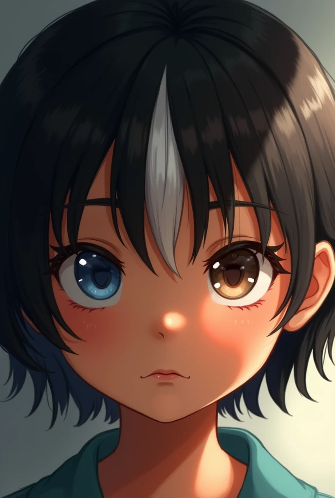 Girl with light brown skin, left eye light blue and right eye light brown, upturned nose, short black hair with a white lock