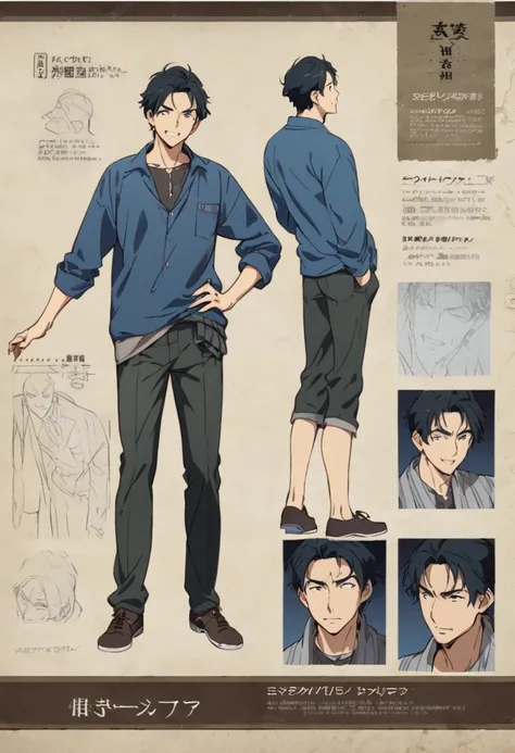 front, side and rear views、a character model sheet depicting the same character from three angles、a man in casual clothes、looks ...