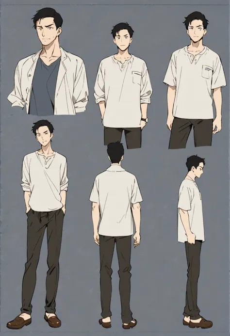 front, side and rear views、a character model sheet depicting the same character from three angles、a man in casual clothes、looks ...