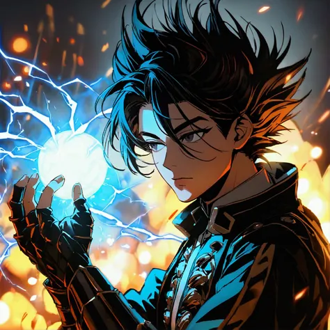 Seeing from the right, adult male, a character up to the waist, holding a black dark sphere of energy with lightning parts like a lightning bolt illuminating around the sphere and in the middle of it, as if it were destroying the sphere and dodging, but it...