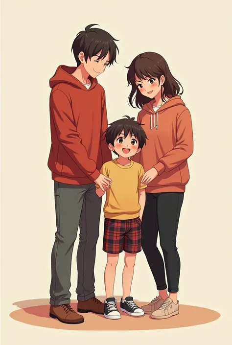 Anime boy in Plaid Shorts and Short Sleeve Jacket with his older sister wearing hoodie and black pants and there mother in a red sweater