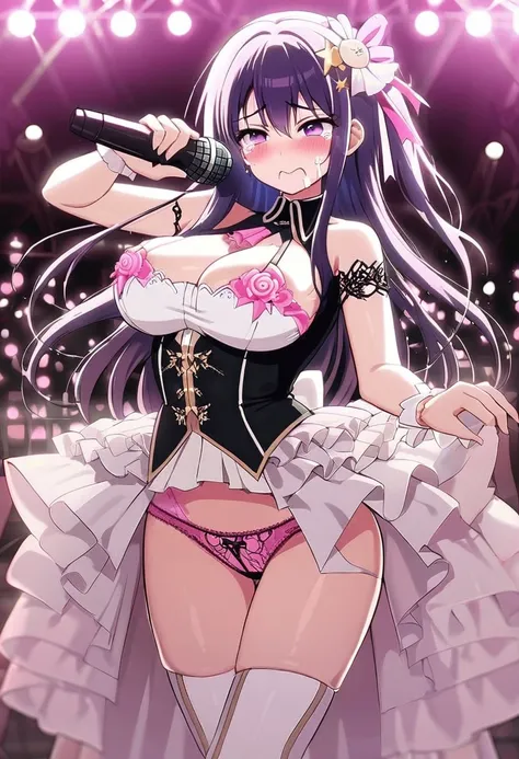 Oshi no Ko、Hoshino Ai、highest quality, High resolution,Highly detailed face, Perfect lighting, Highly detailed CG,Adult female、The exact number of fingers、Exact number of legs、Exact number of arms , Ribbon Ponytail , (blush:1), (Put one hand in your pantie...