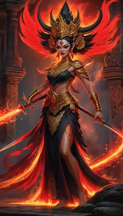  In the Balinese temple, a powerful Indonesian red demon stands guard, her traditional black Javanese dress flowing around her as she wields two swords with expert precision. Her fiery aura radiates with strength and confidence.