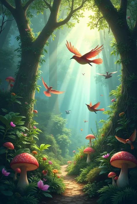 A balanced magical jungle with birds and animals