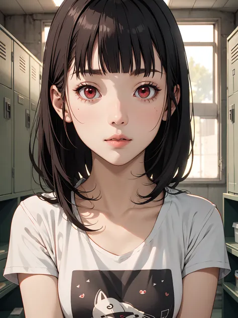 best Quality,Soft lighting, Detailed face,woman like cute idol, red eyes, blunt bangs, slender, alien printed t-shirt, upper body, showing her natural nail, in locker room in abandoned building