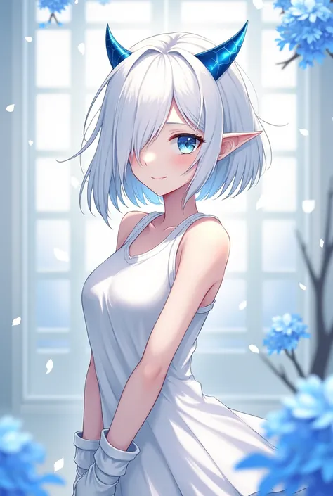 1girl, bethel, blue eyes, bare shoulders, breasts, medium breasts, short hair, white hair, hair over one eye, bangs, gloves, sleeveless, solo, shirt, fingerless gloves, white shirt, sleeveless shirt, arms behind back, off shoulder, horns, smile, (masterpie...