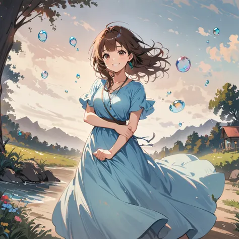 Short sleeve knit、Girl in a long skirt、Standing、Anime characters、Brown hair and a soothing smile、Very cute atmosphere、Soap bubbles floating around、The background is simple、Just looking at it is soothing、Detailed