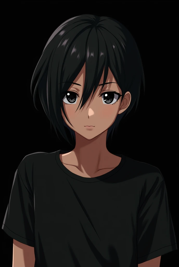  anime, Black Hair, Looking at the camera, Black Eyes, Wearing a black T-shirt, Light brown skin,Black background