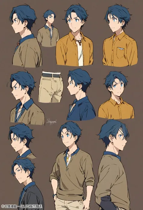 Front, Side and rear views、A character model sheet depicting the same character from three angles、Men in casual clothes、Like a supporting actor、blue eyes