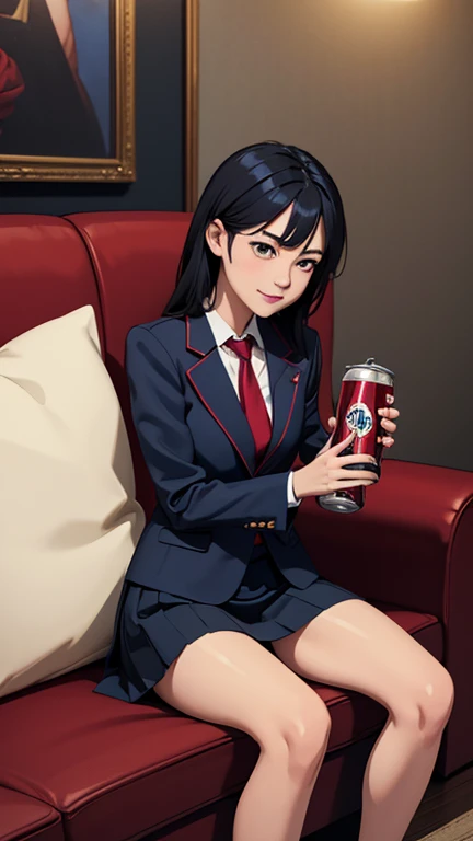 1 career woman, 3, wearing a suit、Hair style: semi-long permanent、Navy blue skirt underneath、With a tired look on his face, he takes out a can of beer from the refrigerator at home and drinks it.、Hold a can of beer in your right hand、Sit deep on the black ...