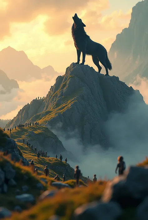 [micro-mountain:1.7]; miniature of a mountain, full of people looking at the top, at the top of the mountain a giant black wolf, the wolf howls, ultra realisitic, ultra detailed, hi-contrast colors, nature scenario, daylight, sun rays, HD Wallpaper, profes...