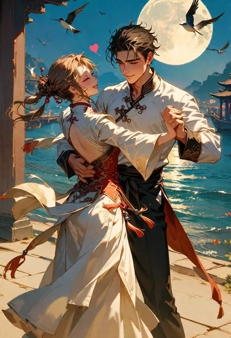 Style 10,(Super detailed CG unified 8k personalized wallpaper，masterpiece level,Best image quality),a young man and a man，couple，is dancing，pleasure，elated，like，heart-shaped，port，flying bird，moon，Chinese ancient style，China costume，