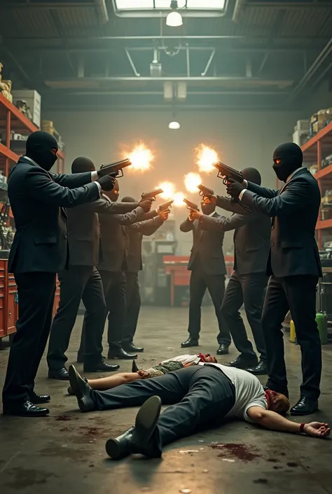 Five armed men in suits wearing balaclava masks holding a pistol each are shooting at five other men dressed in white button-down shirts armed with machine guns shooting in the direction of the men in suits. The setting is a car workshop. Two bodies lying ...