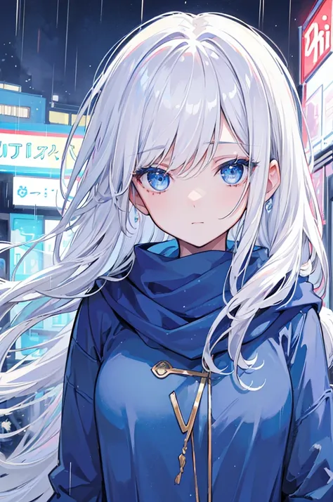 ((best quality)), ((masterpiece)), (detailed), perfect face, 1 girl, white hair, blue eyes, Blue scarf, rain, night city, Blue sweatshirt